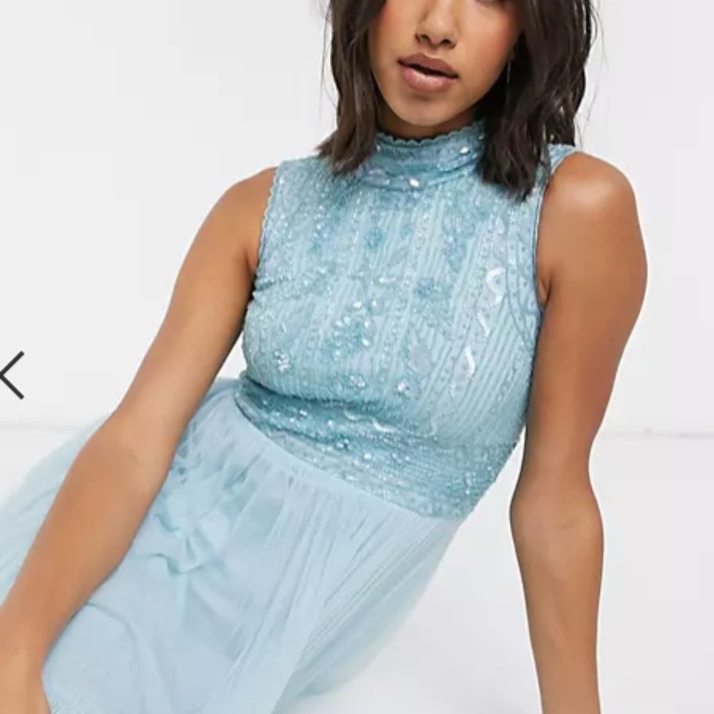 Empire Waist Beaded Evening Gown Powder Blue Tulle